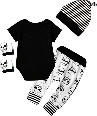 puseky 4pcs Newborn Baby Boys Clothes Skull Romper+Pants+Hat+Mitten Baby Boy Halloween Outfit Set in Saudi Arabia