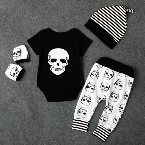 puseky 4pcs Newborn Baby Boys Clothes Skull Romper+Pants+Hat+Mitten Baby Boy Halloween Outfit Set in Saudi Arabia