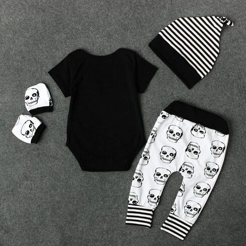 puseky 4pcs Newborn Baby Boys Clothes Skull Romper+Pants+Hat+Mitten Baby Boy Halloween Outfit Set in Saudi Arabia