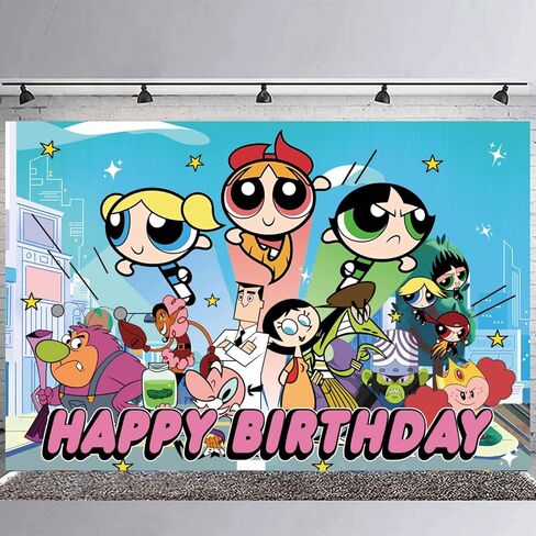 الفتيات من Powerpuff عيد ميلاد حزب خلفية، الفتيات من Powerpuff عيد ميلاد حزب الديكور، الفتيات من Powerpuff عيد ميلاد راية تبادل لاطلاق النار صور خلفيات الدعائم للبنين والبنات الطرف 5x3ft in Saudi Arabia