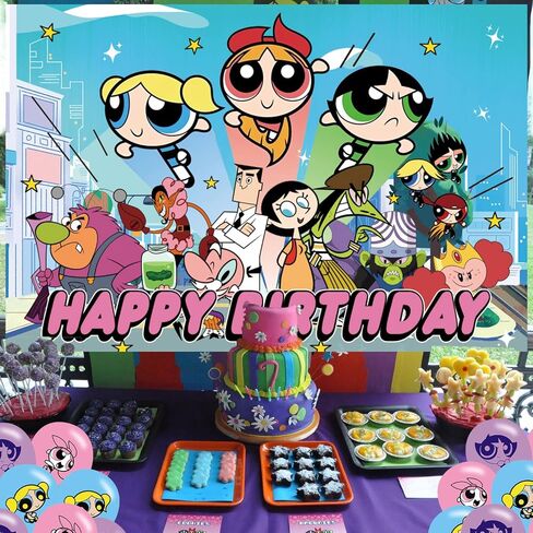 الفتيات من Powerpuff عيد ميلاد حزب خلفية، الفتيات من Powerpuff عيد ميلاد حزب الديكور، الفتيات من Powerpuff عيد ميلاد راية تبادل لاطلاق النار صور خلفيات الدعائم للبنين والبنات الطرف 5x3ft in Saudi Arabia