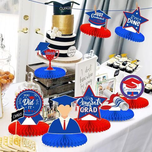 ديكورات حفلات التخرج لعام 2024 قطع مركزية على شكل قرص العسل من فئة 2024 قطع مركزية للطاولات لمستلزمات ديكور حفلات التخرج (أحمر وأزرق) in Kuwait