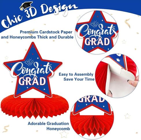 ديكورات حفلات التخرج لعام 2024 قطع مركزية على شكل قرص العسل من فئة 2024 قطع مركزية للطاولات لمستلزمات ديكور حفلات التخرج (أحمر وأزرق) in Kuwait