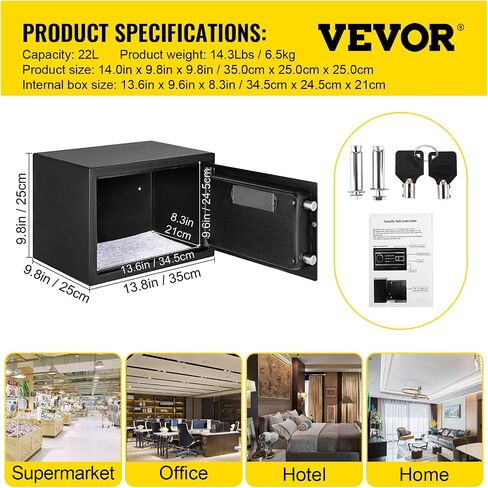 VEVOR Safe Box, 0.8 CU.FT Fingerprint Safe Box for Money w/ 2 Keys & Digital Keypad, Q235 Steel Safe Box for Storing Cash, Jewelry, Pistols, Documents, Watches in Home & Office & Hotel in Saudi Arabia