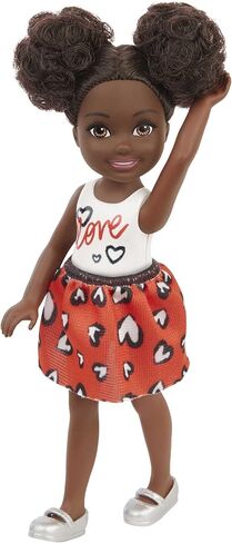 Barbie Chelsea Doll, Small Doll with Black Hair in Afro Puffs Wearing Removable Heart-Print Skirt & Metallc Shoes in Saudi Arabia