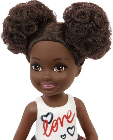 Barbie Chelsea Doll, Small Doll with Black Hair in Afro Puffs Wearing Removable Heart-Print Skirt & Metallc Shoes in Saudi Arabia