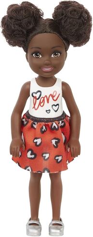 Barbie Chelsea Doll, Small Doll with Black Hair in Afro Puffs Wearing Removable Heart-Print Skirt & Metallc Shoes in Saudi Arabia