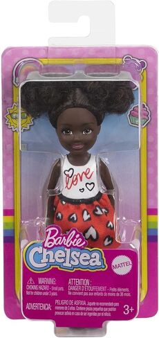 Barbie Chelsea Doll, Small Doll with Black Hair in Afro Puffs Wearing Removable Heart-Print Skirt & Metallc Shoes in Saudi Arabia