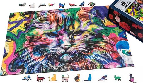 Cat Wooden Jigsaw Puzzles for Adults and Teens - 200 Pieces Unique Shaped Wood Cut, Vibrant Colors, Medium 12.8"x7.9", Beautiful Gift Package in Saudi Arabia