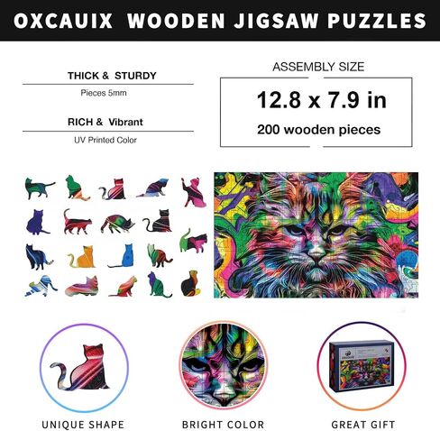 Cat Wooden Jigsaw Puzzles for Adults and Teens - 200 Pieces Unique Shaped Wood Cut, Vibrant Colors, Medium 12.8"x7.9", Beautiful Gift Package in Saudi Arabia