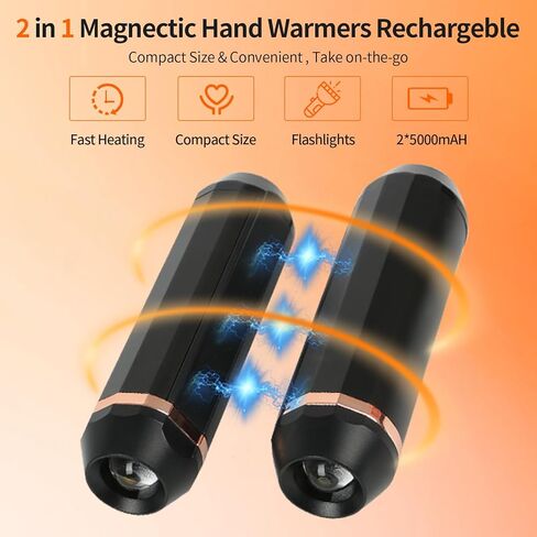 تدفئة اليد المغناطيسية مع مصباح يدوي، 2 حزمة قابلة لإعادة الشحن 10000 مللي أمبير 3 مستويات سخان كهربائي محمول للجيب، تدفئة اليد الساخنة للتخييم، المشي لمسافات طويلة، الصيد، الجولف، كرة القدم in Kuwait
