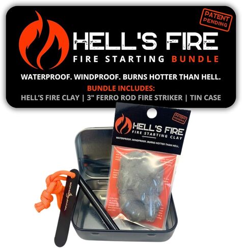 Hell's Fire - حزمة أدوات النجاة من Fire Starter | تشتمل المجموعة على طين هيلز فاير وقضيب حديدي مقاس 3 بوصات في علبة تخزين معدنية in Kuwait