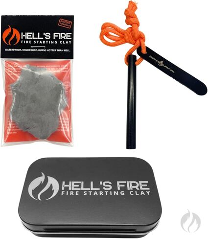Hell's Fire - حزمة أدوات النجاة من Fire Starter | تشتمل المجموعة على طين هيلز فاير وقضيب حديدي مقاس 3 بوصات في علبة تخزين معدنية in Kuwait