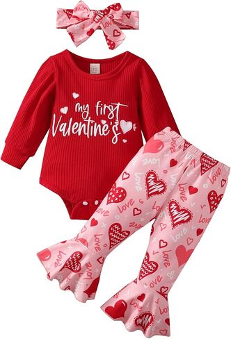 My First Valentine's Day Newborn Baby Girl Outfits Letter Romper Love Heart Print Bell-Bottom Flare Pants Headband in Kuwait
