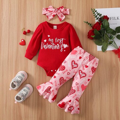 My First Valentine's Day Newborn Baby Girl Outfits Letter Romper Love Heart Print Bell-Bottom Flare Pants Headband in Kuwait