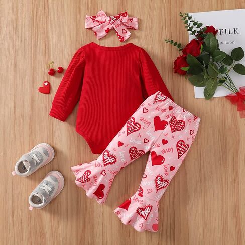 My First Valentine's Day Newborn Baby Girl Outfits Letter Romper Love Heart Print Bell-Bottom Flare Pants Headband in Kuwait