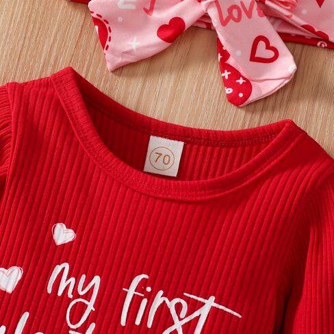 My First Valentine's Day Newborn Baby Girl Outfits Letter Romper Love Heart Print Bell-Bottom Flare Pants Headband in Kuwait