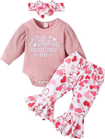 My First Valentine's Day Newborn Baby Girl Outfits Letter Romper Love Heart Print Bell-Bottom Flare Pants Headband in Kuwait