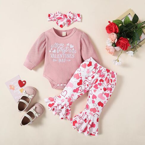 My First Valentine's Day Newborn Baby Girl Outfits Letter Romper Love Heart Print Bell-Bottom Flare Pants Headband in Kuwait