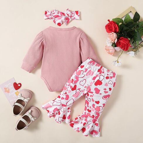 My First Valentine's Day Newborn Baby Girl Outfits Letter Romper Love Heart Print Bell-Bottom Flare Pants Headband in Kuwait
