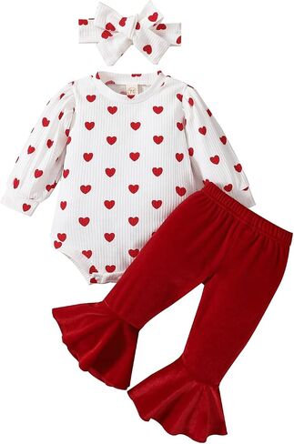 My First Valentine's Day Newborn Baby Girl Outfits Letter Romper Love Heart Print Bell-Bottom Flare Pants Headband in Kuwait