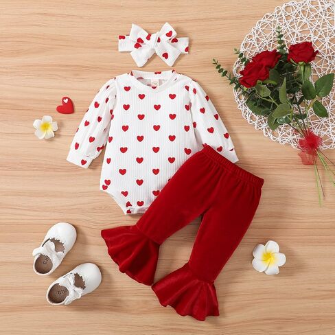 My First Valentine's Day Newborn Baby Girl Outfits Letter Romper Love Heart Print Bell-Bottom Flare Pants Headband in Kuwait
