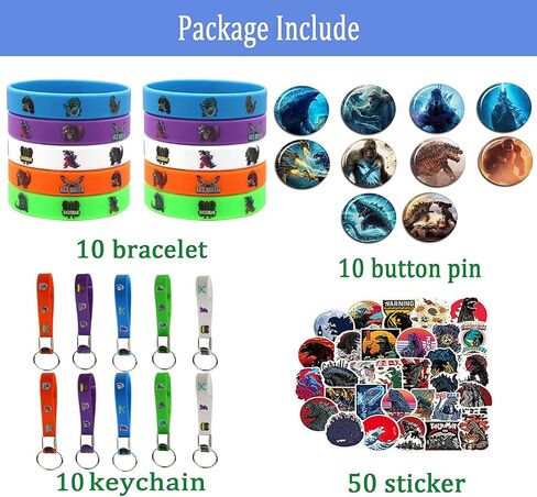 90 Pcs Godzilla Party Favors,Includes 10 Bracelets,10 Button Pins,10 Keychains,50 Stickers in Saudi Arabia