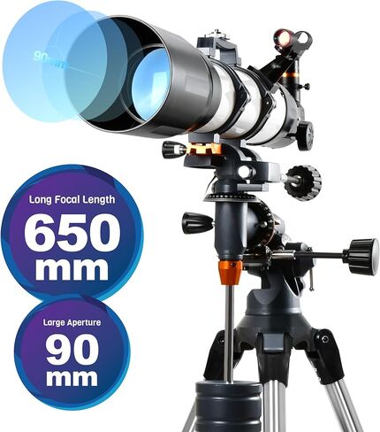 تلسكوب AOMEKIE 650x90 مم تلسكوب منكسر فلكي للبالغين والمبتدئين، طلاء عالي النقل متعدد الطبقات بالكامل، حامل EQ مع حامل ثلاثي القوائم، محول الهاتف، تحكم لاسلكي in Kuwait