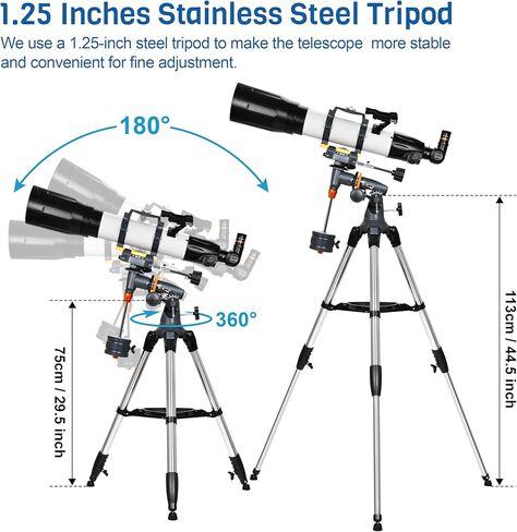 تلسكوب AOMEKIE 650x90 مم تلسكوب منكسر فلكي للبالغين والمبتدئين، طلاء عالي النقل متعدد الطبقات بالكامل، حامل EQ مع حامل ثلاثي القوائم، محول الهاتف، تحكم لاسلكي in Kuwait