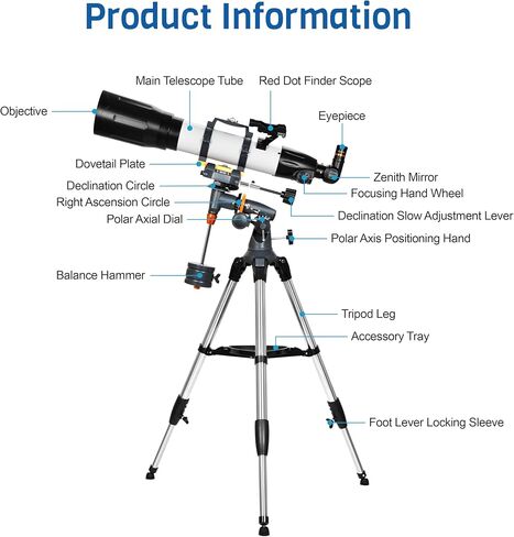 تلسكوب AOMEKIE 650x90 مم تلسكوب منكسر فلكي للبالغين والمبتدئين، طلاء عالي النقل متعدد الطبقات بالكامل، حامل EQ مع حامل ثلاثي القوائم، محول الهاتف، تحكم لاسلكي in Kuwait