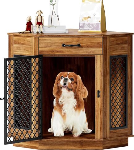 أثاث قفص زاوية للكلاب من sogesfurniture مع درج تخزين، طاولة نهاية بيت الكلب الخشبي للكلاب الصغيرة، بيت الكلب الداخلي مع باب شبكي معدني لغرفة المعيشة وغرفة النوم والمدخل، عتيق in Kuwait