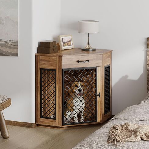 أثاث قفص زاوية للكلاب من sogesfurniture مع درج تخزين، طاولة نهاية بيت الكلب الخشبي للكلاب الصغيرة، بيت الكلب الداخلي مع باب شبكي معدني لغرفة المعيشة وغرفة النوم والمدخل، عتيق in Kuwait