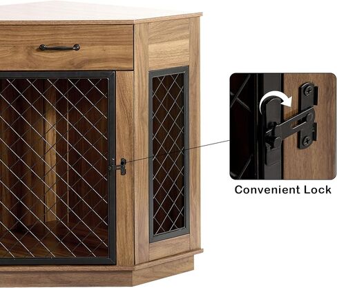 أثاث قفص زاوية للكلاب من sogesfurniture مع درج تخزين، طاولة نهاية بيت الكلب الخشبي للكلاب الصغيرة، بيت الكلب الداخلي مع باب شبكي معدني لغرفة المعيشة وغرفة النوم والمدخل، عتيق in Kuwait