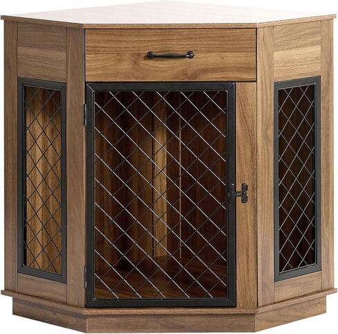 أثاث قفص زاوية للكلاب من sogesfurniture مع درج تخزين، طاولة نهاية بيت الكلب الخشبي للكلاب الصغيرة، بيت الكلب الداخلي مع باب شبكي معدني لغرفة المعيشة وغرفة النوم والمدخل، عتيق in Kuwait