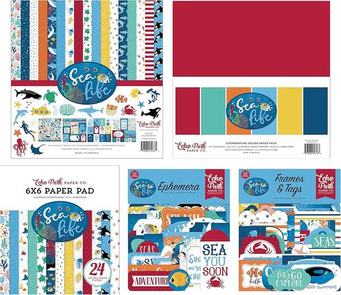 New Hampshire Craftworks Echo Park Sea Life - حزمة مصمم لهواة التجميع مع مجموعة مجموعة مقاس 12 × 12، وحزمة ورق صلبة منسقة مقاس 12 × 12، ووسادة ورق مقاس 6 × 6، والمواد الزائلة، والإطارات والعلامات in Kuwait