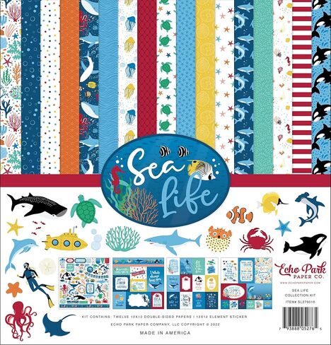 New Hampshire Craftworks Echo Park Sea Life - حزمة مصمم لهواة التجميع مع مجموعة مجموعة مقاس 12 × 12، وحزمة ورق صلبة منسقة مقاس 12 × 12، ووسادة ورق مقاس 6 × 6، والمواد الزائلة، والإطارات والعلامات in Kuwait
