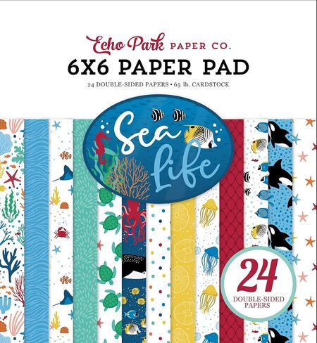 New Hampshire Craftworks Echo Park Sea Life - حزمة مصمم لهواة التجميع مع مجموعة مجموعة مقاس 12 × 12، وحزمة ورق صلبة منسقة مقاس 12 × 12، ووسادة ورق مقاس 6 × 6، والمواد الزائلة، والإطارات والعلامات in Kuwait