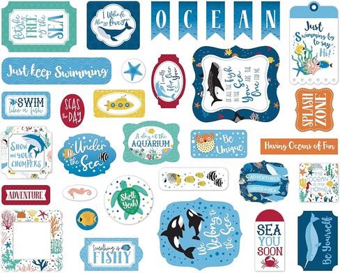 New Hampshire Craftworks Echo Park Sea Life - حزمة مصمم لهواة التجميع مع مجموعة مجموعة مقاس 12 × 12، وحزمة ورق صلبة منسقة مقاس 12 × 12، ووسادة ورق مقاس 6 × 6، والمواد الزائلة، والإطارات والعلامات in Kuwait