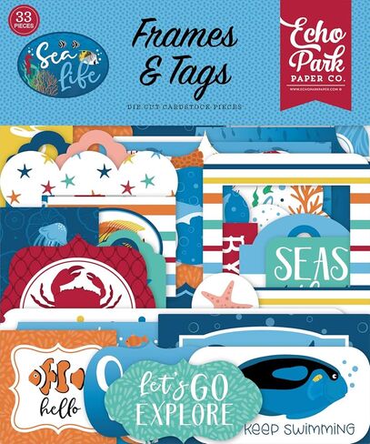 New Hampshire Craftworks Echo Park Sea Life - حزمة مصمم لهواة التجميع مع مجموعة مجموعة مقاس 12 × 12، وحزمة ورق صلبة منسقة مقاس 12 × 12، ووسادة ورق مقاس 6 × 6، والمواد الزائلة، والإطارات والعلامات in Kuwait