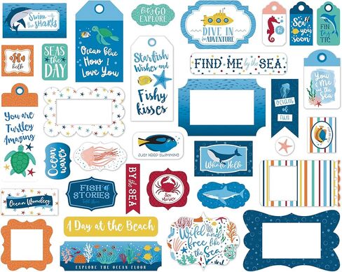 New Hampshire Craftworks Echo Park Sea Life - حزمة مصمم لهواة التجميع مع مجموعة مجموعة مقاس 12 × 12، وحزمة ورق صلبة منسقة مقاس 12 × 12، ووسادة ورق مقاس 6 × 6، والمواد الزائلة، والإطارات والعلامات in Kuwait