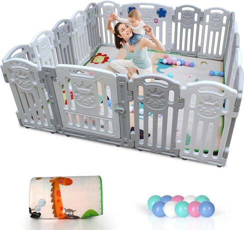 Zevemomo Baby Playpen, 18-Panel Play Yard for Babies Safety, Custom Shape & Lockable Gates & Anti-Slip Rubber Bases, Portable Toddlers Fence with Ocean Ball Floor Mat, 66" x 66" in Kuwait