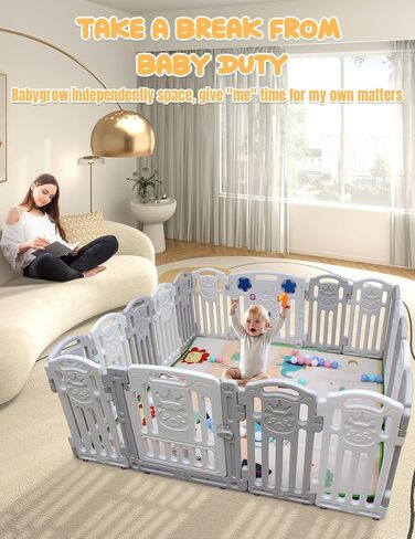 Zevemomo Baby Playpen, 18-Panel Play Yard for Babies Safety, Custom Shape & Lockable Gates & Anti-Slip Rubber Bases, Portable Toddlers Fence with Ocean Ball Floor Mat, 66" x 66" in Kuwait