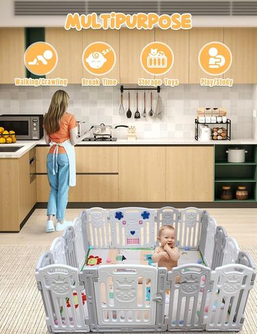 Zevemomo Baby Playpen, 18-Panel Play Yard for Babies Safety, Custom Shape & Lockable Gates & Anti-Slip Rubber Bases, Portable Toddlers Fence with Ocean Ball Floor Mat, 66" x 66" in Kuwait