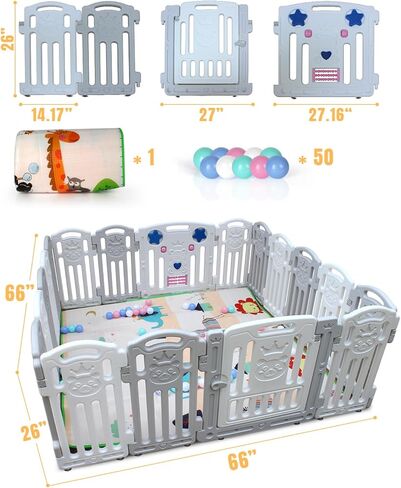 Zevemomo Baby Playpen, 18-Panel Play Yard for Babies Safety, Custom Shape & Lockable Gates & Anti-Slip Rubber Bases, Portable Toddlers Fence with Ocean Ball Floor Mat, 66" x 66" in Kuwait