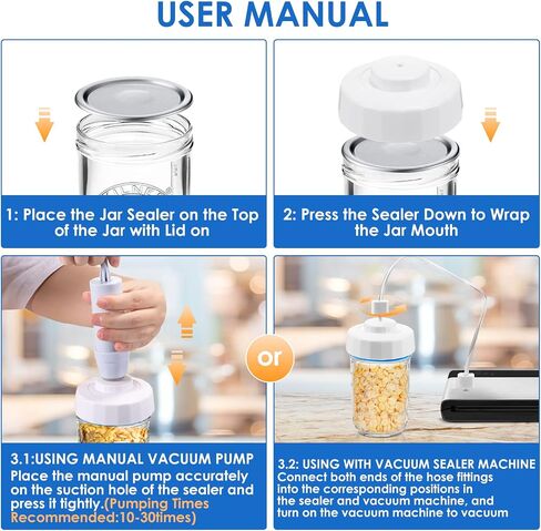 TRUSBER Jar Sealer، مجموعة سدادة مكنسة ماسون مع خرطوم ملحق متوافق مع آلة غلق الفراغ من FoodSaver، سدادة مكنسة كهربائية لبرطمان ميسون واسع الفم، مضخة يدوية محمولة in Saudi Arabia