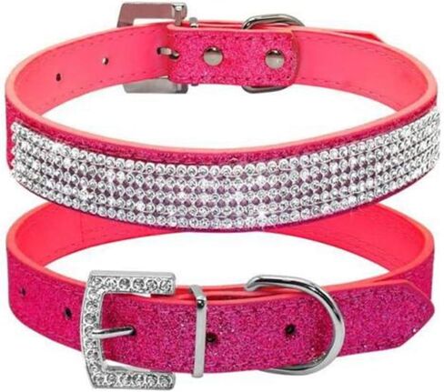 Cute Dazzling Sparkling Leather Dog Cat Rhinestone Collar Crystal Diamond Pet Dog Puppy Collar (S, Silver) in Saudi Arabia