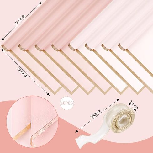 40 قطعة من ورق تغليف الزهور، ورق تغليف باقة شفاف مقاوم للماء، ورق زهور سميك بحافة ذهبية مع أشرطة لمستلزمات باقة الزهور وهدايا الزفاف وأعياد الميلاد (وردي) in Kuwait