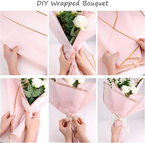 40 قطعة من ورق تغليف الزهور، ورق تغليف باقة شفاف مقاوم للماء، ورق زهور سميك بحافة ذهبية مع أشرطة لمستلزمات باقة الزهور وهدايا الزفاف وأعياد الميلاد (وردي) in Kuwait