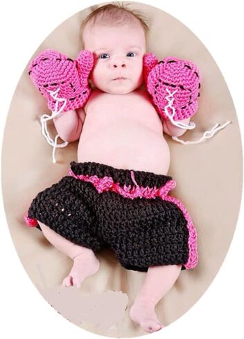 ملابس لحديثي الولادة للتصوير الفوتوغرافي للأولاد والبنات وقفازات ملاكمة للأطفال وسروال قصير من الكروشيه للأطفال من عمر 0 ​​إلى 3 أشهر، أسود، 0-3 أشهر in Kuwait