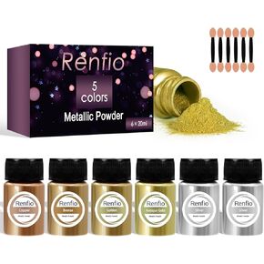Renfio Metallic Pigment Powder, 5 Colors Gold Mica Powder for Resin, 6 X 20ml Metal Powder, Resin Color Pigment, Color Pigment for Epoxy Resin, Kintsugi, Polymer Clay, Candle Dye